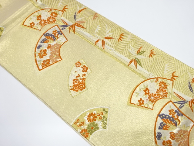 竹笹に地紙・蝶・花模様織り出し袋帯